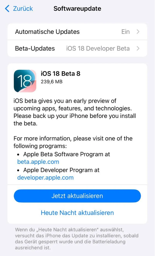 微山苹果手机维修分享苹果 iOS / iPadOS 18 开发者预览版 Beta 8 发布 